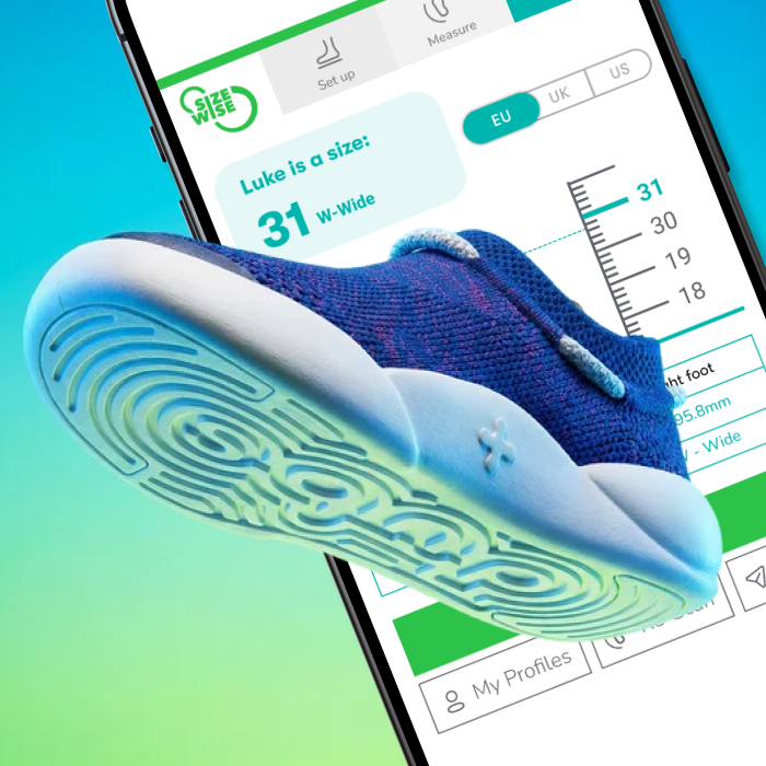 Blue Dubs shoe with SizeWise foot measurements and size recommendation displayed on a phone
